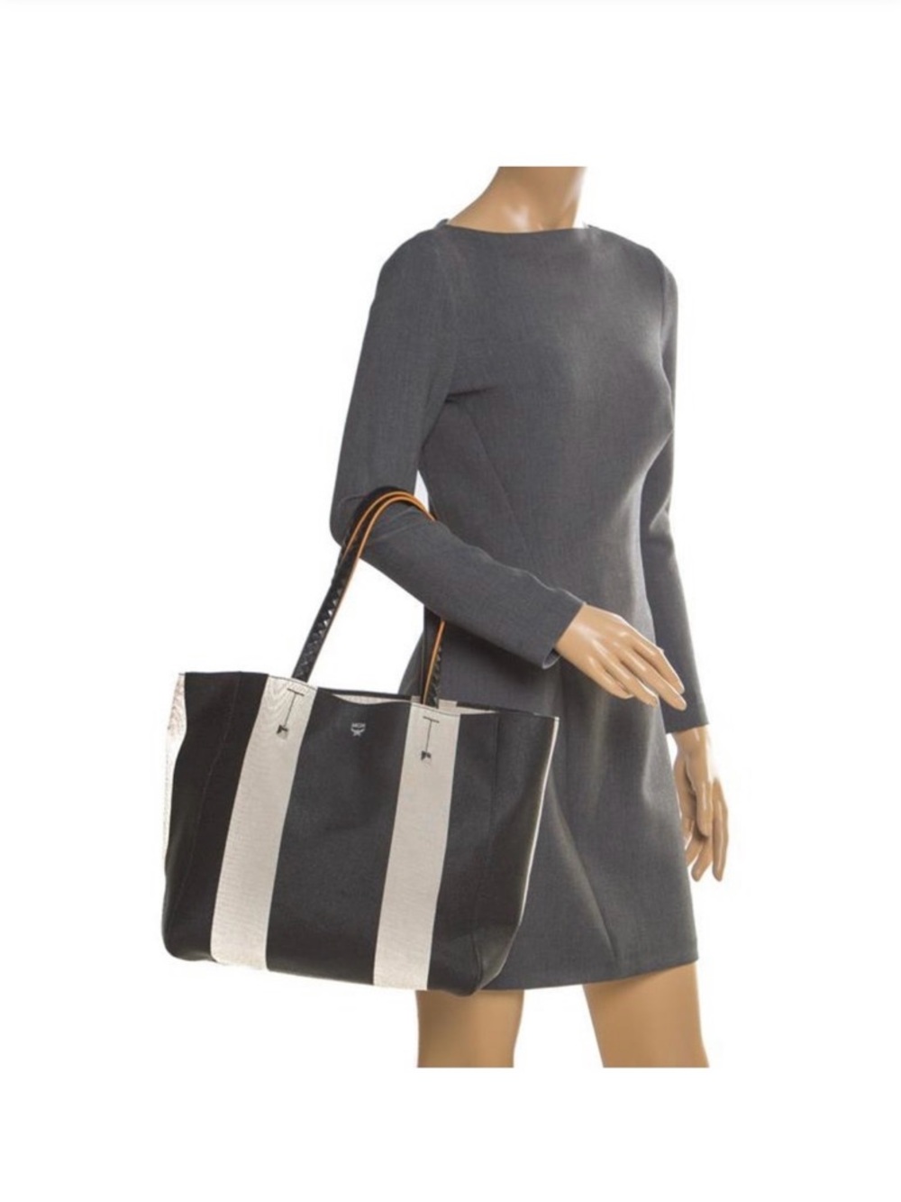 MCM Black and White Striped Canvas Tote with Contrast Handles